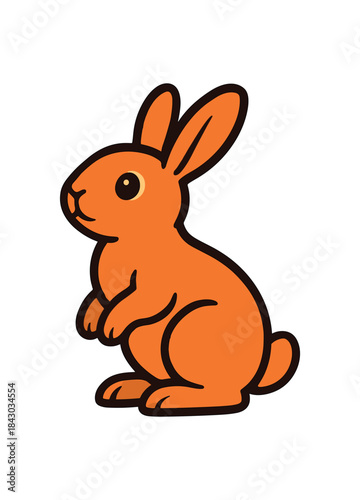 Flat vector illustration of bright rabbit sitting up on hind legs curious look rounded shapes clean outline clean white background