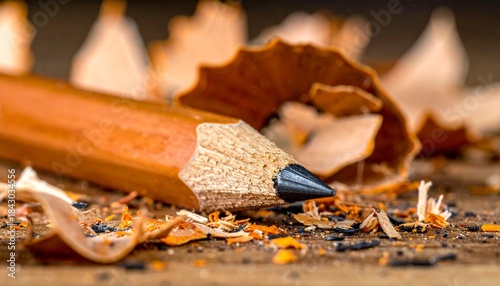 Broken Pencil. Wooden pencil snapped in half with shavings around it, macro shot.
