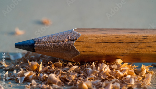 Broken Pencil_Wooden pencil snapped in half with shavings around it, macro shot.