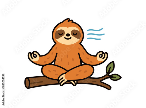 Flat vector illustration of bright sloth meditating on branch with calm breath lines zen pose rounded shapes clean outline clean white background