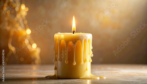 Candle Dripping Down. Half-melted candle with long wax drips frozen in motion, soft warm lighting.