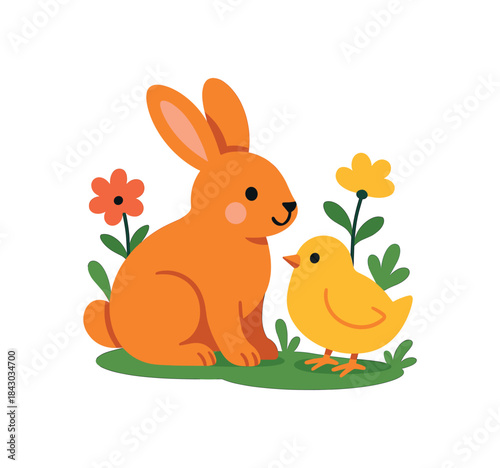 Flat vector illustration of bright rabbit sitting beside friend spring mood rounded shapes clean outline clean white background