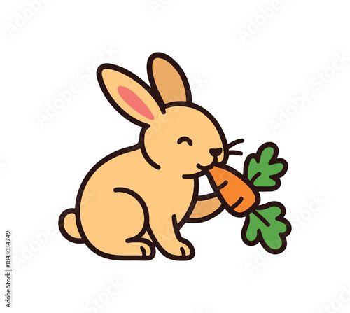 Flat vector illustration of bright rabbit nibbling carrot top rounded shapes clean outline clean white background