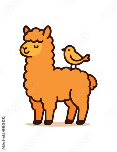 Flat vector illustration of bright alpaca with tiny bird perched on back calm friendship pose rounded shapes clean outline clean white background