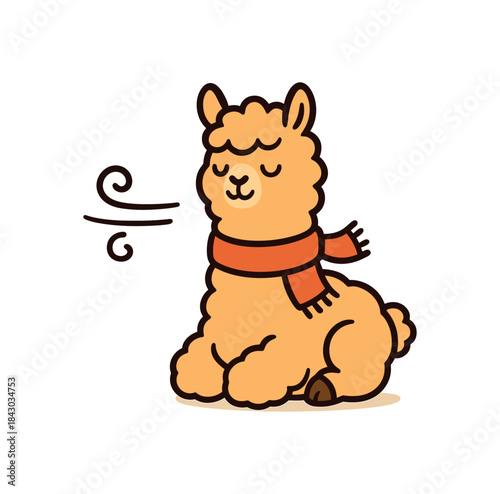 Flat vector illustration of bright alpaca wearing small scarf winter breeze cozy pose rounded shapes clean outline clean white background