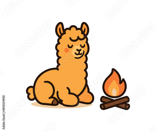 Flat vector illustration of bright alpaca sitting near small campfire glow icon cozy evening pose rounded shapes clean outline clean white background