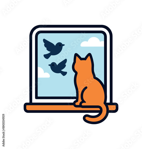 Flat vector illustration of bright cat sitting window watching birds rounded shapes clean outline clean white background