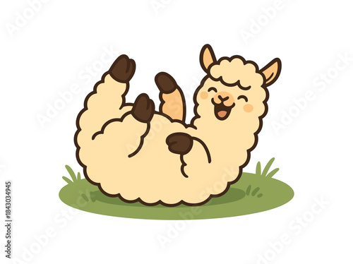 Flat vector illustration of bright alpaca rolling playfully on soft grass joyful pose rounded shapes clean outline clean white background