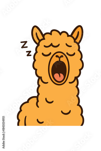 Flat vector illustration of bright alpaca yawning widely with sleepy eyes rounded shapes clean outline clean white background