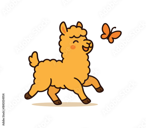 Flat vector illustration of bright alpaca chasing butterfly midstep delighted pose rounded shapes clean outline clean white background