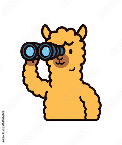 Flat vector illustration of bright alpaca looking through binoculars icon curious explorer pose rounded shapes clean outline clean white background