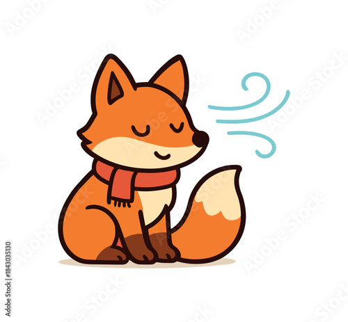 Flat vector illustration of bright fox wearing tiny scarf cold breeze cozy cute pose rounded shapes clean outline clean white background