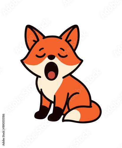 Flat vector illustration of bright fox yawning with sleepy eyes tail down rounded shapes clean outline clean white background