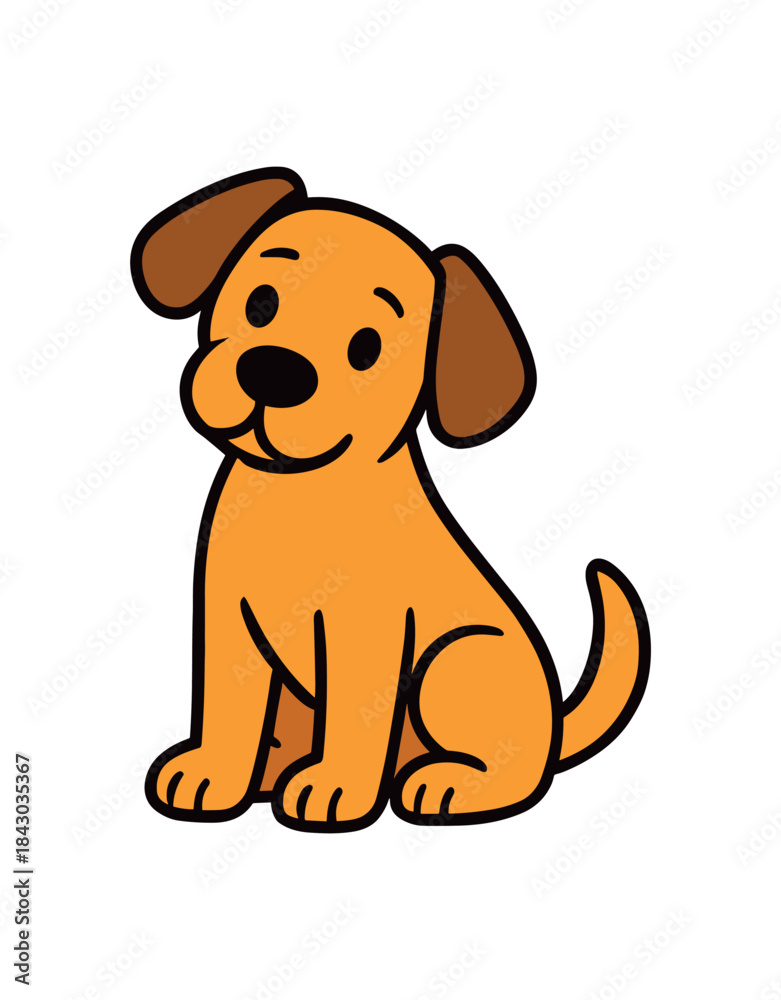 Fototapeta premium Flat vector illustration of bright dog sitting with tilted head curious pose rounded shapes clean outline clean white background
