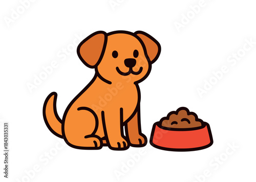 Flat vector illustration of bright dog sitting beside food bowl rounded shapes clean outline clean white background