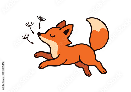 Flat vector illustration of bright fox chasing floating dandelion seeds dreamy pose rounded shapes clean outline clean white background