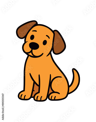 Flat vector illustration of bright dog sitting with tilted head curious pose rounded shapes clean outline clean white background
