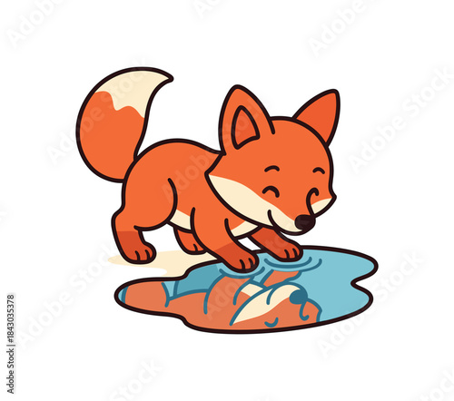 Flat vector illustration of bright fox playing with reflection puddle rounded shapes clean outline clean white background