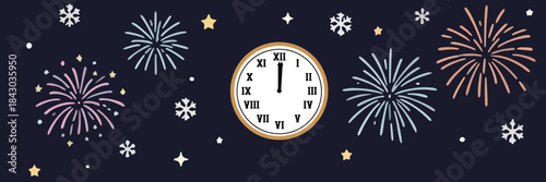 Festive banner illustration featuring a clock showing midnight (New Year's Eve) surrounded by colorful fireworks, stars, and snowflakes on a dark blue background, symbolizing celebration and countdown
