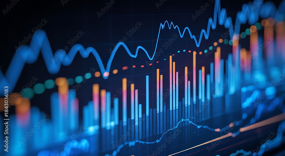 Naklejka premium Abstract technological visualization of financial charts displaying market statistics information. Financial economic growth chart. 