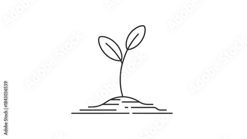 A simple line art drawing of a small plant sprout with two leaves emerging from a mound of soil, symbolizing growth and new beginnings.