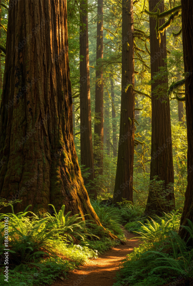 Obraz premium Forest path winds through redwood trees in a lush woodland