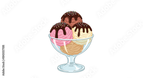 Classic ice cream sundae with strawberry, chocolate, and vanilla scoops in a glass dish, topped with syrup and colorful sprinkles.