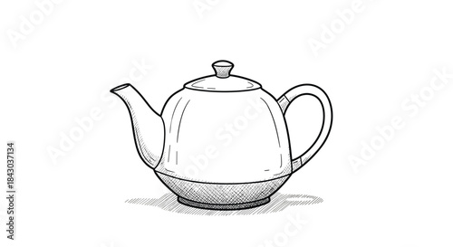 Hand-drawn black and white sketch of a classic rounded teapot with shading, creating a vintage or retro ink drawing illustration.