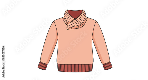 Simple cartoon illustration of a cozy pink knitted sweater with a stylish cowl neck and ribbed cuffs, isolated on a white background.