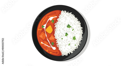 Top-down view of a delicious bowl of Indian butter chicken or paneer makhani curry served with a side of white basmati rice.