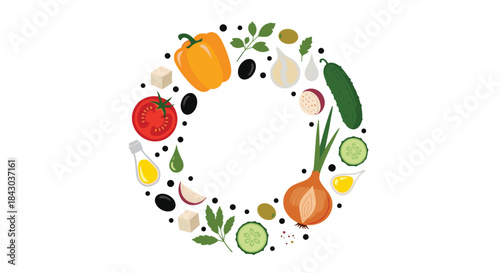 Circular frame made from fresh Greek salad ingredients like tomatoes, cucumbers, olives, feta cheese, and onions for a food design.