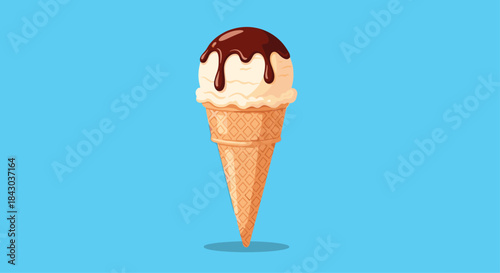 Classic vanilla ice cream cone with a single scoop topped with dripping chocolate sauce, set against a solid bright blue background.