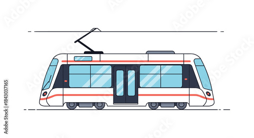 Side view illustration of a modern white and red city tram or streetcar, a form of electric public transportation in an urban area.