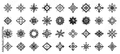 Hand drawn tribal geometric symbols set. Collection of ethnic abstract ornaments, boho elements, suns, stars and tattoo shapes.
