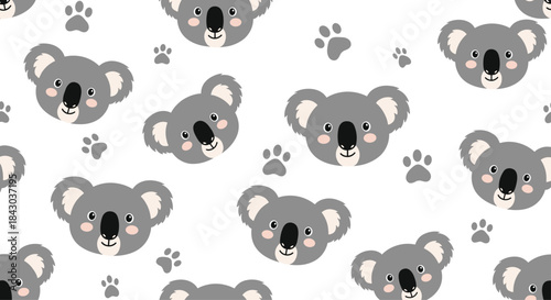 Seamless repeating pattern of cute koala bear faces and little paw prints scattered on a clean, simple white background design.