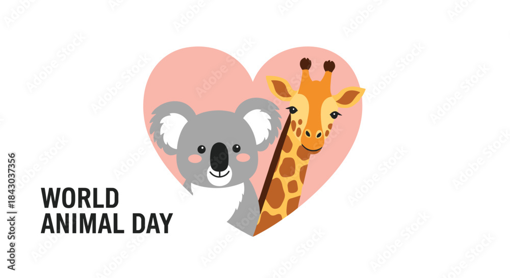 Obraz premium World Animal Day card with a cute koala and giraffe inside a pink heart, celebrating love and care for all animal species.