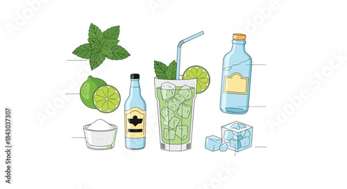 Illustrated recipe for a mojito cocktail showing all the ingredients: rum, lime, mint, sugar, soda water, and ice cubes.