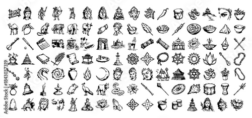 Mega set of hand drawn India and Hinduism culture vector icons sketch doodle collection of travel symbols