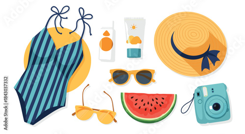 Flat lay illustration of essential summer beach accessories including a swimsuit, sunglasses, sunscreen, hat, and watermelon slice.
