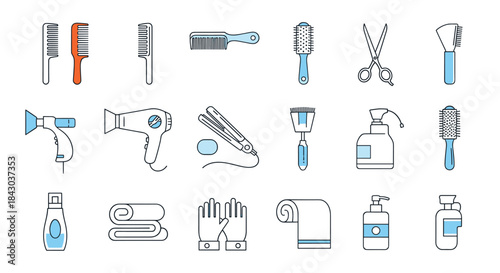 Large collection of professional hairdressing and salon tools, including scissors, combs, brushes, hairdryer, and styling products.