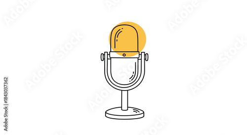 Minimalist line art icon of a vintage retro microphone with a yellow circular accent, symbolizing podcasting, music, or broadcasting.