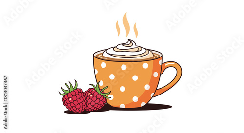 A cute orange polka dot mug filled with hot chocolate and whipped cream, with two fresh raspberries on the side for decoration.