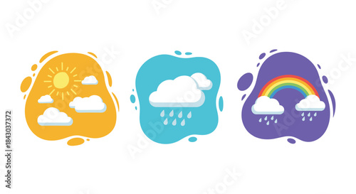 Set of three weather forecast icons inside abstract liquid shapes: sunny, rainy, and a rainbow after the rain for design.