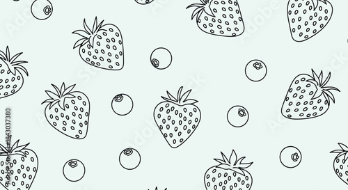 Seamless pattern of simple, hand-drawn outline strawberries and blueberries scattered on a light green or mint background.