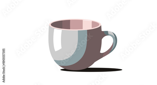 Simple, stylized illustration of a shiny ceramic mug or cup in shades of gray and pink, with a shadow on a white background.