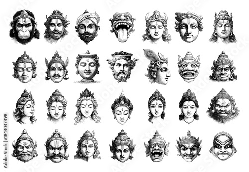 Hindu Puja Symbols Doodle Set Om Trishula Diya Bell Shankha Outline Icons