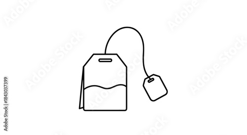 Simple black and white line art animation of a teabag with a string and tag, gently swaying on a clean white background.