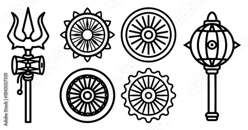 Set of Hindu divine weapons Trishula Sudarshana Chakra and Gada icons Vector outline symbols of Lord Shiva and Vishnu