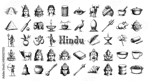 Hand drawn India and Hinduism culture vector icons set sketch illustration collection of traditional symbols