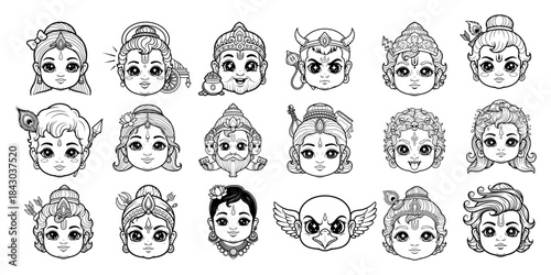 Big collection of cute Hindu gods and goddesses avatars Chibi cartoon style heads of Indian deities Vector illustration set